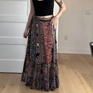 Karma Highway Dark Multi Boho Paisley Print Indian Silk Tied Hippie Maxi Skirt